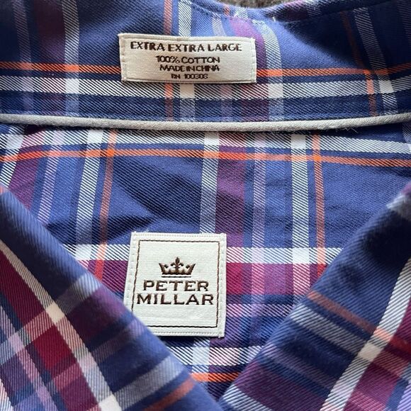 Peter Millar Button Down Shirt Blue Purple Plaid Casual Long Sleeve Mens 2XL - Picture 4 of 7